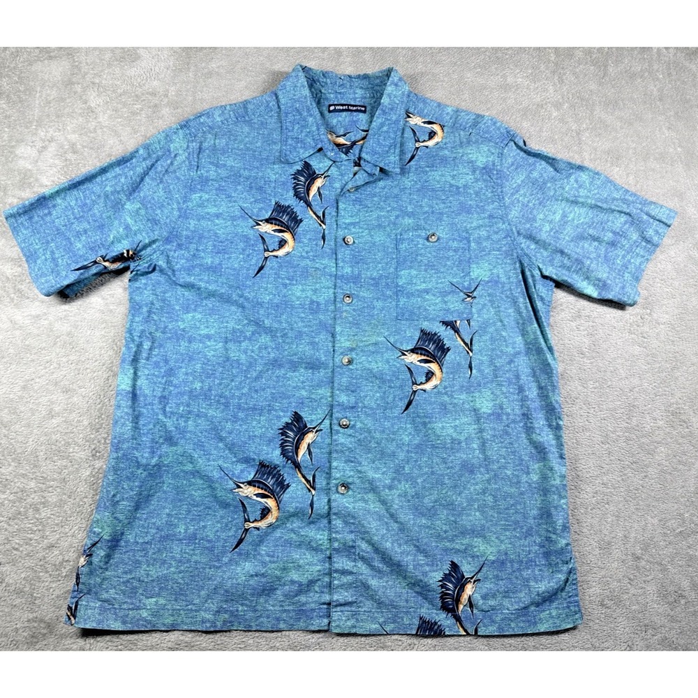West Marine Men's‎ Button-Up Short Sleeve Marlin Print Shirt Blue Size **READ**
